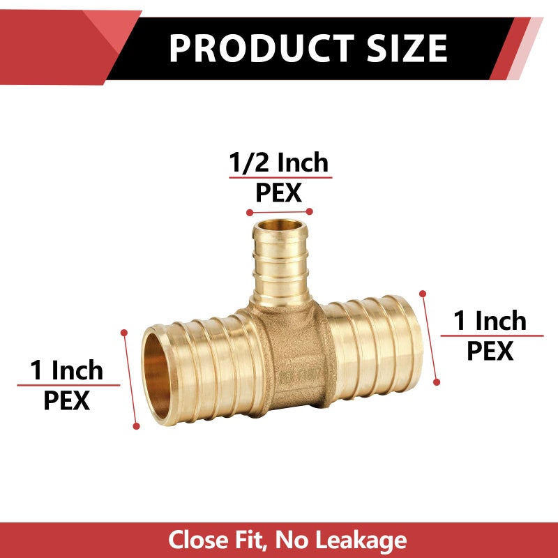 EFIELD (Pack of 5) EFIELD 1" x1"x 1/2" Pex Reducing Tee Brass Barb Crimp Fittings For Pex Tubing Connection,(PEX1807086) - Image 4